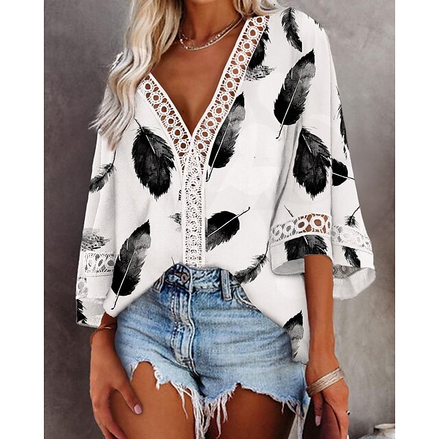 

Women's 3D Printed Peasant Blouse Shirt Graphic Feather Print V Neck Casual Boho Tops White