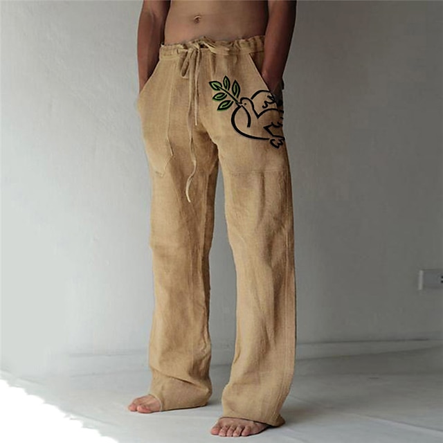 

Men's Fashion Designer Straight Trousers Beach Pants 3D Print Elastic Drawstring Design Front Pocket Pants Casual Daily Plants Graphic Prints Comfort Soft Mid Waist White Khaki S M L XL XXL