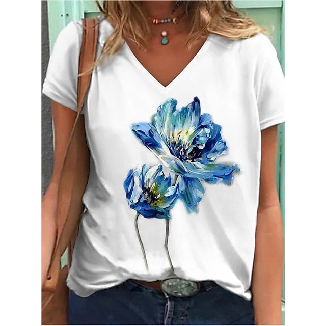 

Women's T shirt Floral Patchwork Print V Neck Basic Tops White / 3D Print