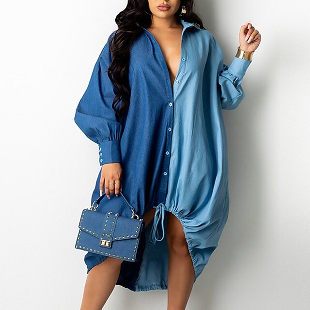 

Women's Plus Size Sheath Dress Color Block Shirt Collar Long Sleeve Fall Spring Casual Knee Length Dress Causal Daily Dress
