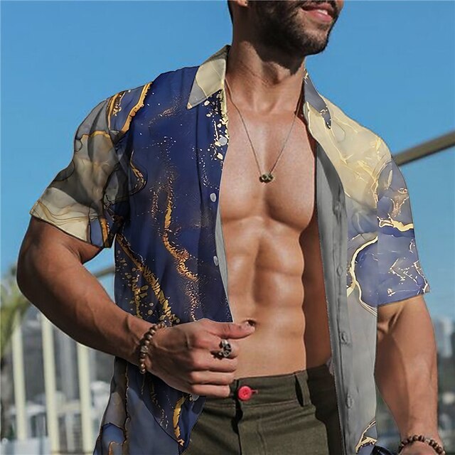 

Men's Shirt Marble Turndown Street Casual Button-Down Print Short Sleeve Tops Casual Fashion Designer Breathable Blue