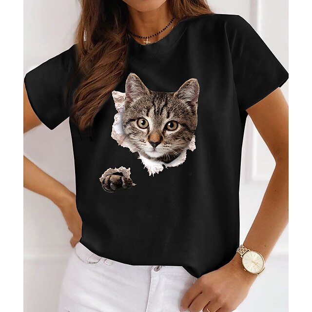 

Women's 3D Cat Painting T shirt Cat 3D Print Round Neck Basic Tops White Black