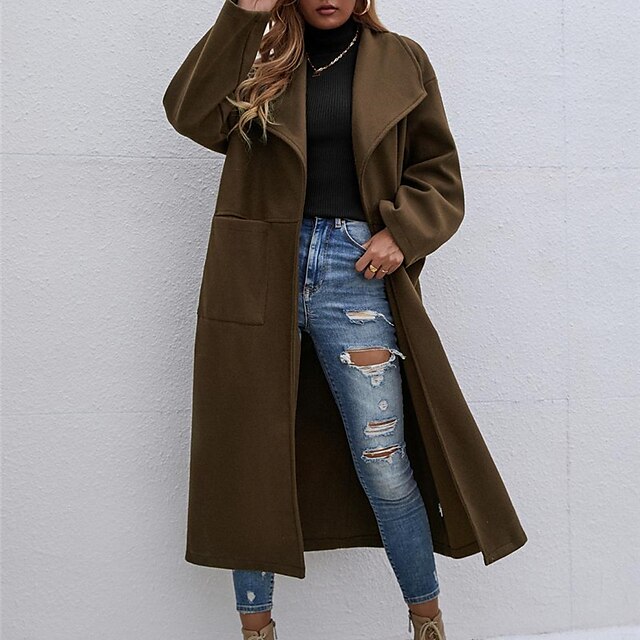 

Women's Coat Street Daily Going out Fall Winter Long Coat Regular Fit Thermal Warm Breathable Elegant Streetwear Jacket Long Sleeve Solid Color Pocket Brown