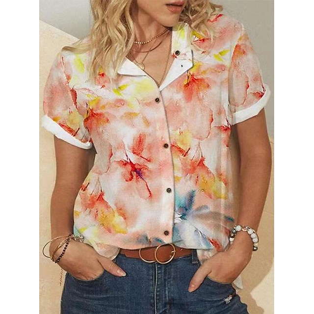 

Women's Floral Theme Blouse Shirt Floral Button Print Standing Collar Casual Streetwear Tops Orange / 3D Print