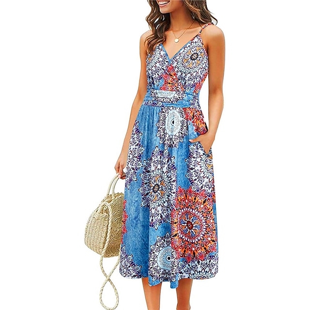 

Women's A Line Dress Midi Dress Green Blue Fuchsia Royal Blue Brown Navy Blue Light Blue Sleeveless Floral Color Block Pocket Print Spring Summer Spaghetti Strap Stylish Casual Modern 2022 S M L XL