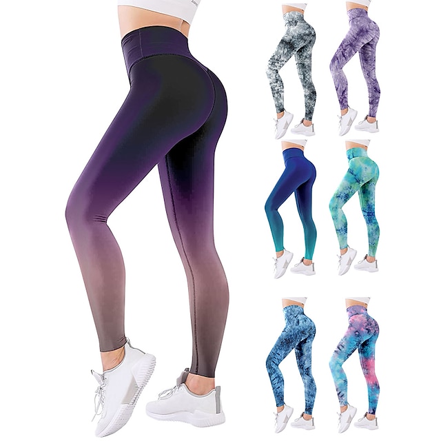  Women's Yoga Pants Tummy Control Butt Lift Quick Dry High Waist Yoga Fitness Gym Workout Leggings Bottoms Color Gradient Graphic Patterned Camo / Camouflage Light Purple Baby blue Black / Rose Red