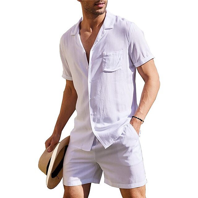  Herr linneskjorta Linneskjorta i bomull Vit bomullsskjorta 2 delar Skjorta set Sommarskjorta Slät Utomhus Gata Svart Vit Armégrön Beige Kortärmad Nedvikt Sommar Kläder Button-Down