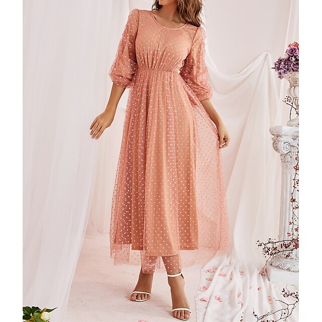 

Women's A Line Dress Maxi long Dress Orange 3/4 Length Sleeve Solid Color Chiffon Jacquard Spring Summer U Neck Elegant Luxurious Elegant Cap Sleeve Mesh S M L XL