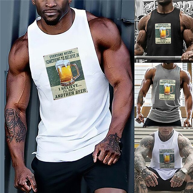 

Men's Tank Top Vest Hot Stamping Graphic Prints Beer Plus Size Crew Neck Daily Sports Print Sleeveless Tops Fashion Classic Designer Hawaiian White Black Gray