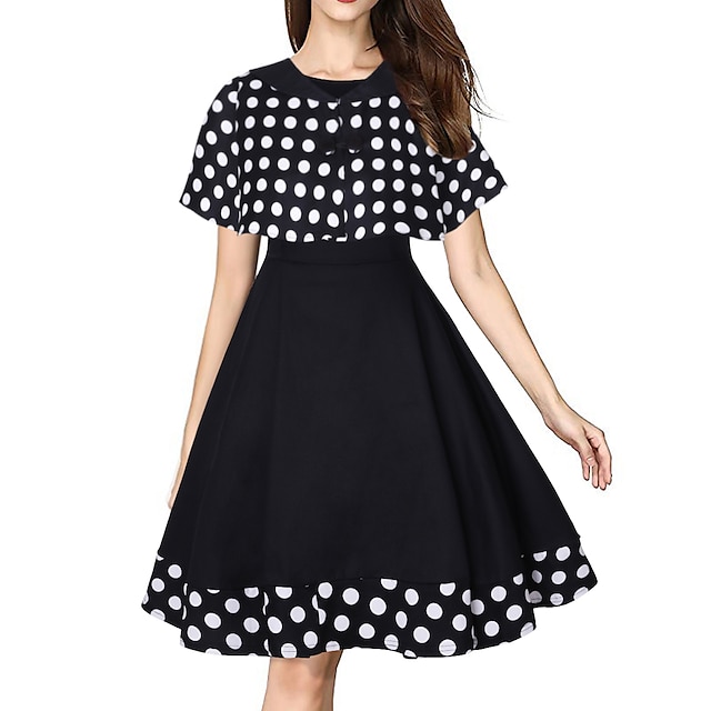 

Women's A Line Dress Knee Length Dress Black Short Sleeve Polka Dot Patchwork Spring Summer Crew Neck Vintage 2022 S M L XL XXL
