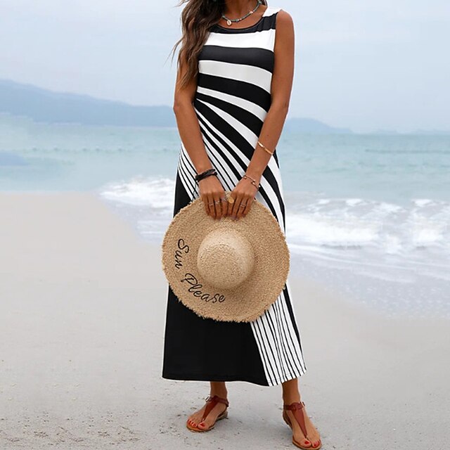 

Women's A Line Dress Maxi long Dress Green Blue White Black Wine Sleeveless Striped Print Spring Summer Round Neck Stylish Casual Modern 2022 S M L XL XXL 3XL