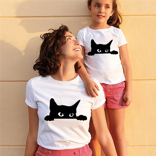 Baby & Kids Matching Outfits | Mommy and Me T shirt Tops Cat Animal Street Print White Short Sleeve Active Matching Outfits - PE