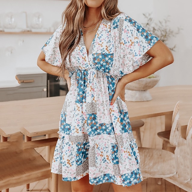 

Women's A Line Dress Short Mini Dress Blue Half Sleeve Color Block Print Spring Summer V Neck Stylish Casual Modern 2022 S M L XL