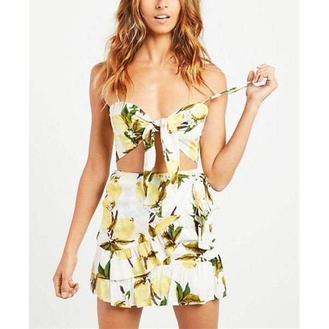 

Women's Basic Floral Holiday Vacation Two Piece Set Crop Top Skirt Sets Skirt Lace up Ruffle Print Tops