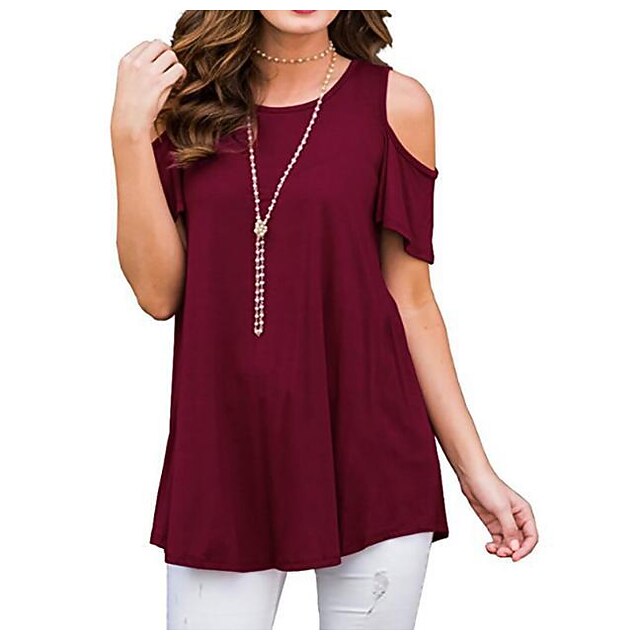 

Women's T shirt Plain Cut Out Cold Shoulder Round Neck Basic Tops Green Blue Black