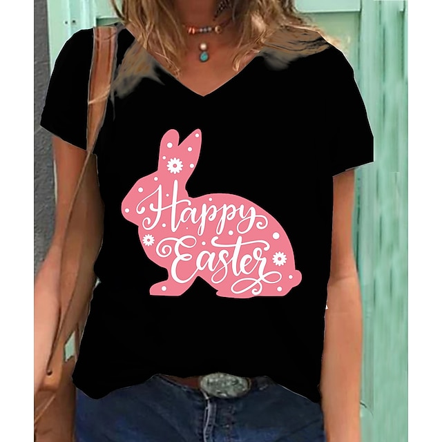 

Women's Happy Easter Painting T shirt Text Rabbit Animal Print V Neck Basic Tops Green Blue White