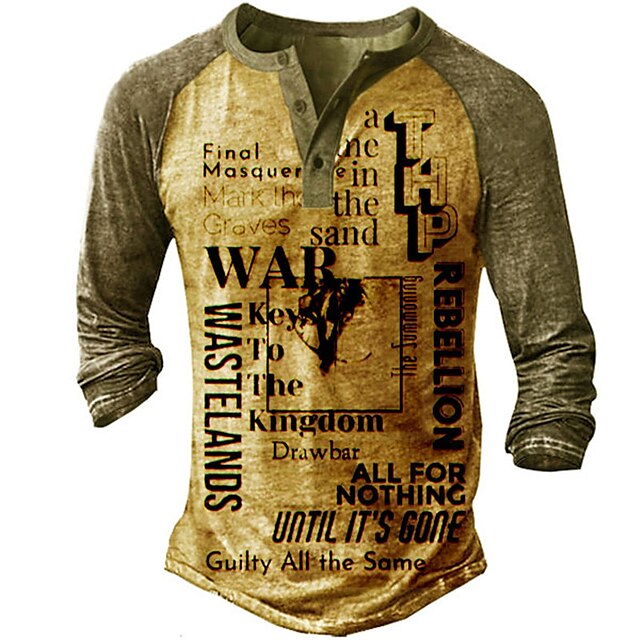 

Men's Henley Shirt Tee T shirt 3D Print Graphic Color Block Letter Plus Size Henley Casual Daily Button-Down Print Long Sleeve Tops Casual Retro Designer Military Yellow