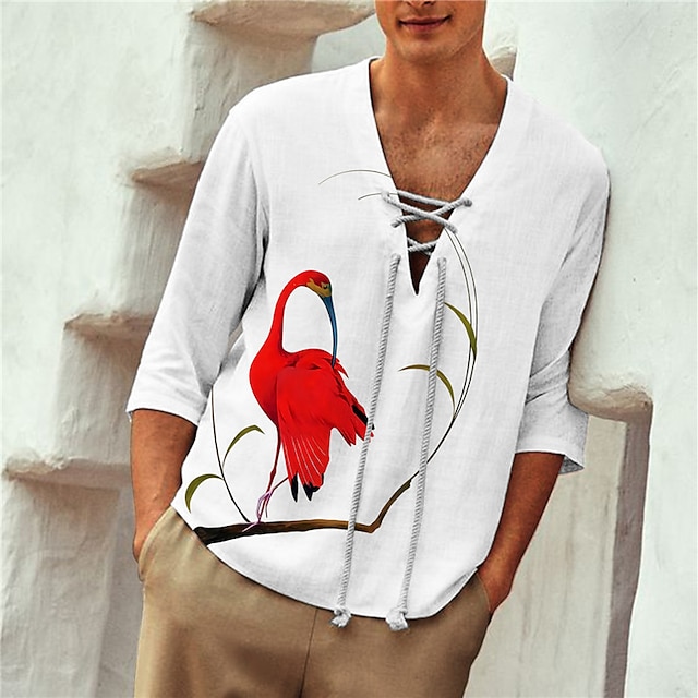 

Men's Shirt 3D Print Crane Animal V Neck Casual Daily 3D Print Drawstring 3/4 Length Sleeve Tops Casual Fashion Designer Comfortable Red