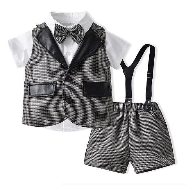 Baby & Kids Boys Clothing | Kids Boys Clothing Set 3 Pieces Short Sleeve Black Light gray Dark Gray Solid Color Bow School Gentl