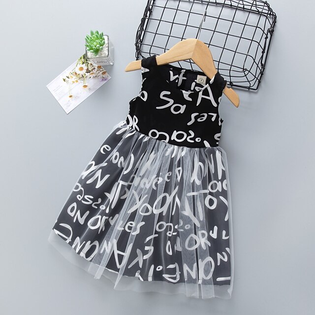 

Kids Little Girls' Dress Letter A Line Dress Daily Ruched Mesh Black Midi Sleeveless Cute Sweet Dresses Fall Summer Regular Fit 2-6 Years
