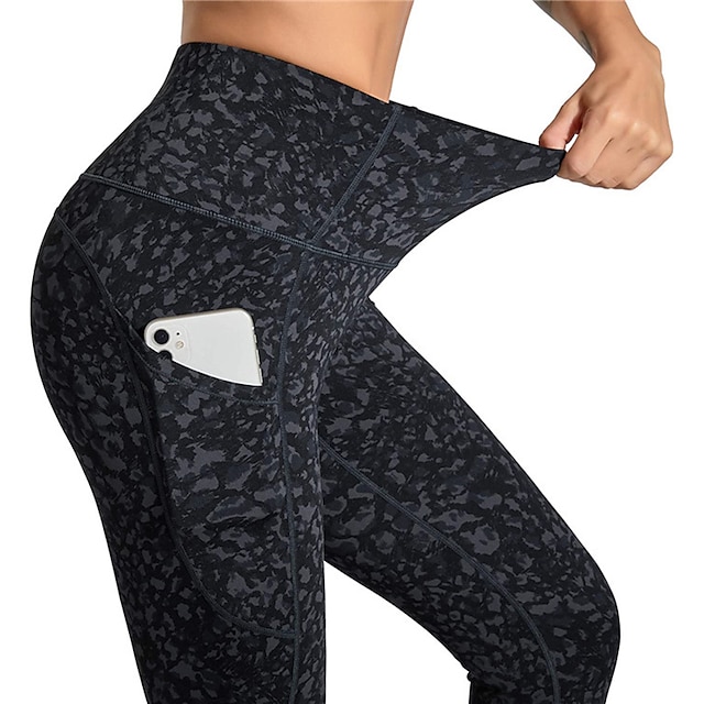 Women's Yoga Pants Tummy Control Butt Lift Quick Dry Side Pockets Yoga Fitness Gym Workout High Waist Camo / Camouflage Leggings Bottoms Black Dark Gray Black+Gray Winter Sports Activewear Skinny
