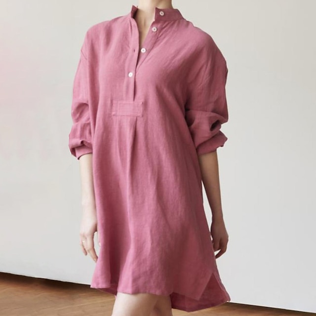 

Women's Shift Dress Short Mini Dress Pink Long Sleeve Pure Color Pocket Button Spring Summer Round Neck Stylish Casual 2022 S M L XL XXL