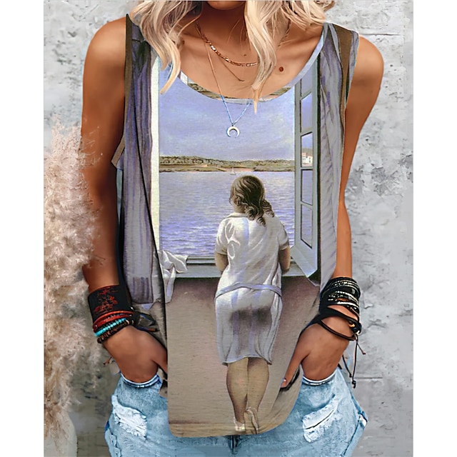 

Women's Portrait Blouse Camis Scenery Portrait Patchwork Print Round Neck Casual Beach Tops Rainbow / 3D Print