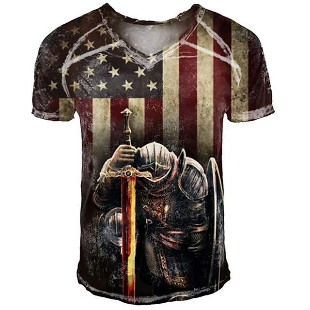

Men's T shirt 3D Print Graphic Soldier National Flag V Neck Casual Daily Print Short Sleeve Tops Fashion Classic Retro Comfortable Red