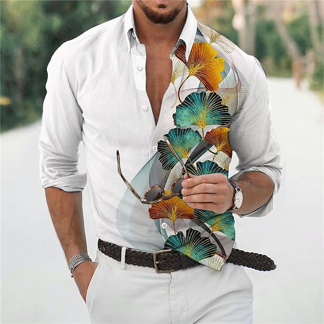 

Men's Shirt 3D Print Leaves V Neck Casual Daily 3D Print Long Sleeve Tops Casual Fashion Designer Comfortable White
