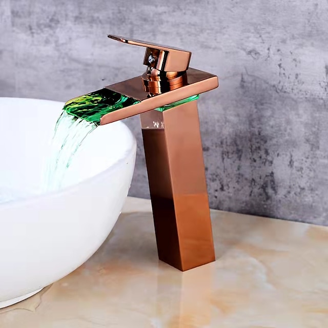  Bathroom Vessel Faucet Tall LED Waterfall Spout 3 Color Changes with Temperature, Sink Mixer Mono Basin Taps, Single Handle One Hole Brass Washroom Vessel Tap Deck Mounted