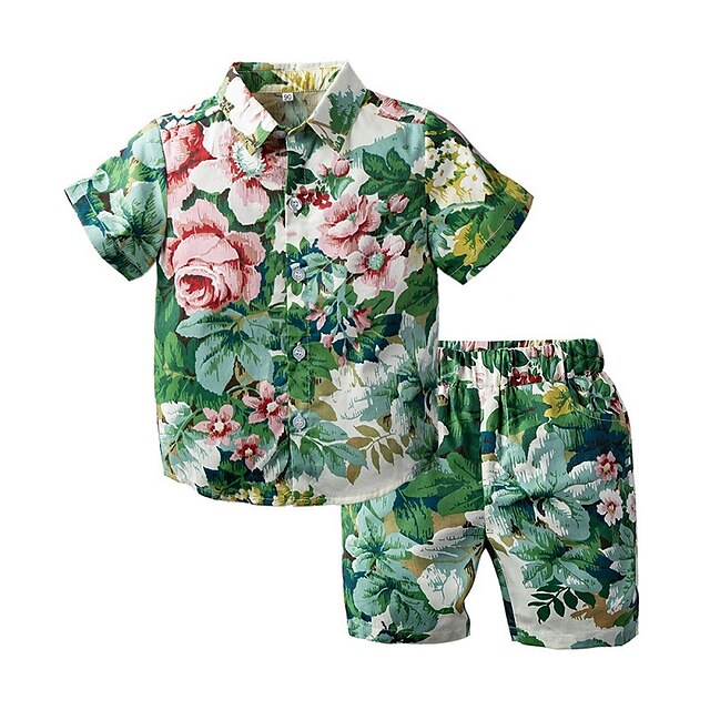 Baby & Kids Boys Clothing | Kids Boys Shirt & Shorts Clothing Set 2 Pieces Short Sleeve Green Pink Floral Leaf Print Outdoor Cas