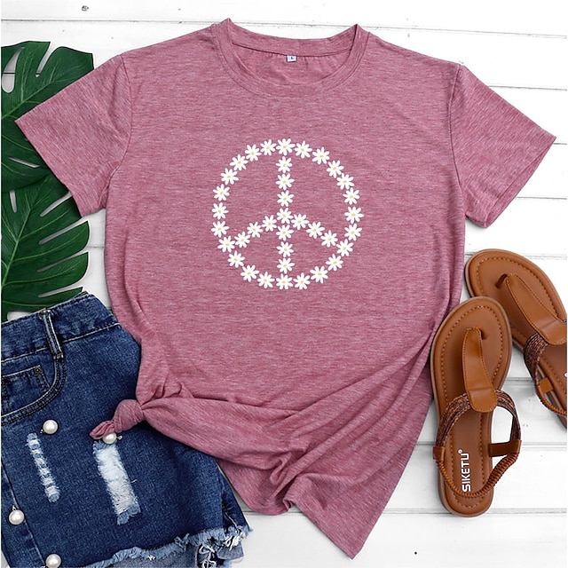 

Women's T shirt Graphic Peace Love Daisy Print Round Neck Basic Vintage Tops Green Blue Black
