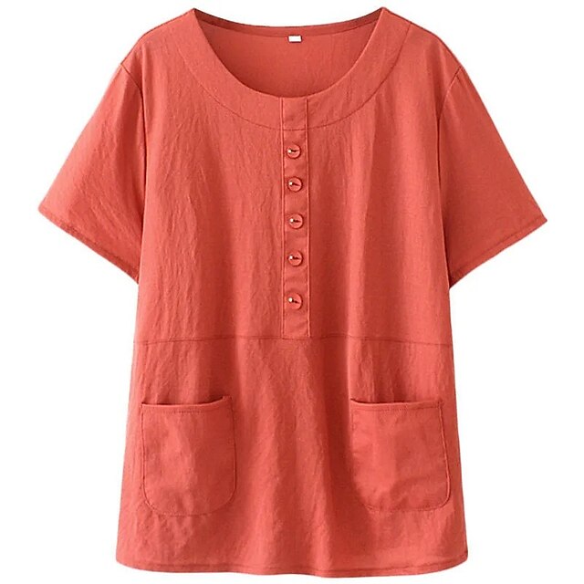 

Women's Plus Size Tops T shirt Plain Pocket Button Short Sleeve Crewneck Basic Daily Going out Cotton Spring Summer Green Pink