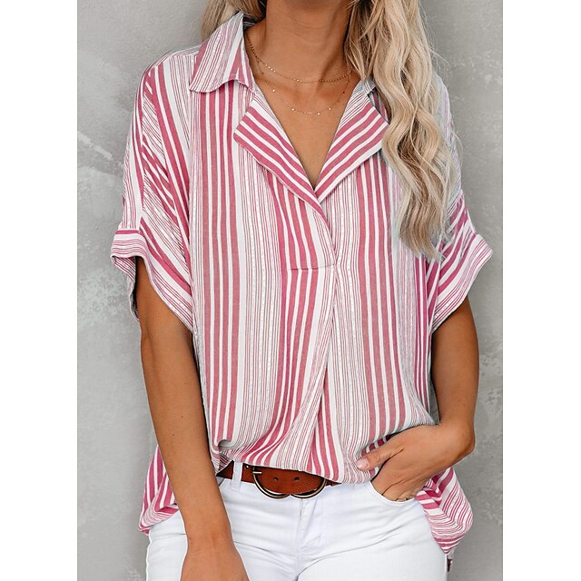 

Women's Shirt Striped Leopard Tree Print Shirt Collar Tops Green Blue Pink
