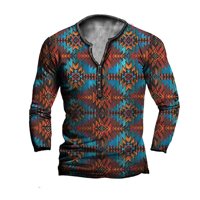 

Men's Henley Shirt T shirt 3D Print Graphic Tribal Henley Casual Daily Button-Down Print Long Sleeve Tops Casual Vintage Classic Designer Blue