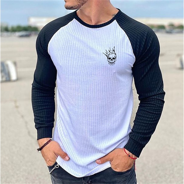 

Men's T shirt Hot Stamping Graphic Skull Crew Neck Casual Daily Print Long Sleeve Tops Lightweight Fashion Big and Tall Sports White