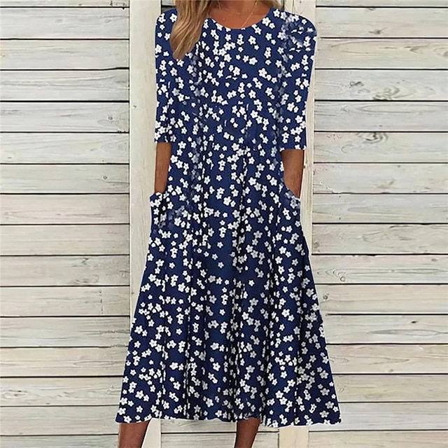 

Women's A Line Dress Midi Dress Navy Blue Half Sleeve Floral Pocket Print Spring Summer V Neck Vacation 2022 S M L XL XXL