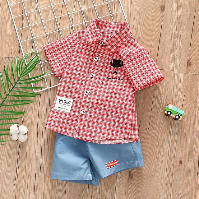 

Kids Boys Shirt Shorts Clothing Set 2 Pieces Short Sleeve Black Red Light Blue Print Plaid Print Indoor Outdoor Casual Daily Regular 2-6 Years
