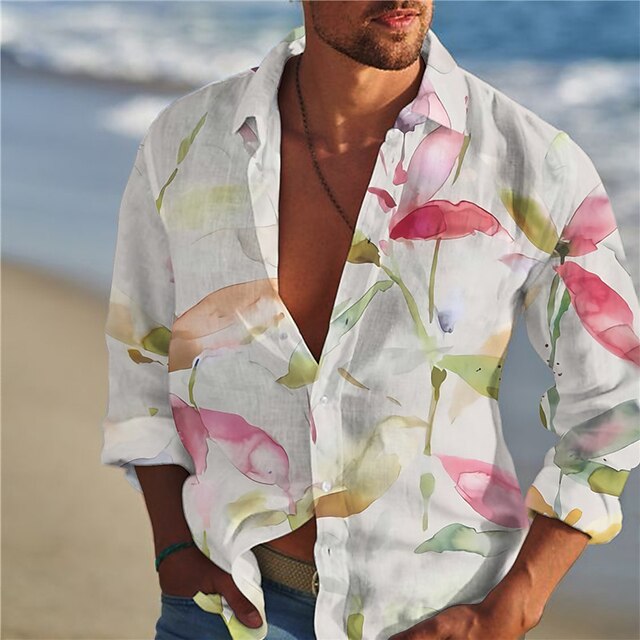 

Men's Shirt 3D Print Floral V Neck Casual Daily 3D Print Long Sleeve Tops Casual Fashion Designer Comfortable White