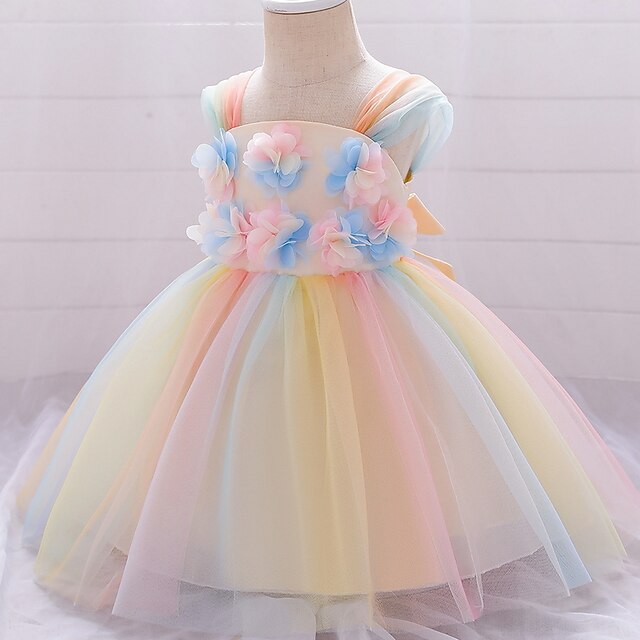 

Kids Little Girls' Dress Floral Color Block A Line Dress Birthday Christening dress Ruched Mesh Blue Pink Yellow Midi Sleeveless Princess Cute Dresses Fall Summer Regular Fit 1-4 Years