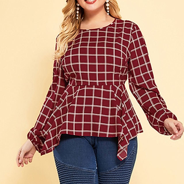 

Women's Plus Size Tops T shirt Plaid Print Long Sleeve Crewneck Streetwear Daily Going out Polyester Spring Summer Red