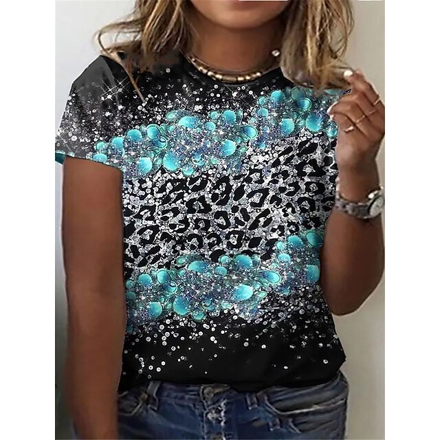 

Women's Plus Size Tops T shirt Leopard Print Short Sleeve Crewneck Streetwear Daily Going out Polyester Spring Summer Green Blue