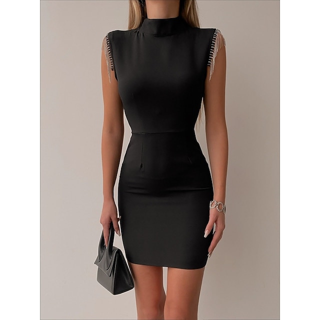 

Women's Bodycon Knee Length Dress Black Sleeveless Solid Color Tassel Fringe Patchwork Spring Summer Turtleneck Elegant 2022 S M L XL