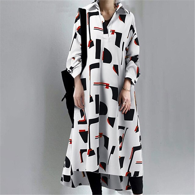 

Women's Shift Dress Midi Dress Black Red Yellow 3/4 Length Sleeve Geometric Print Spring Summer Shirt Collar Work Modern 2022 S M L XL XXL 3XL