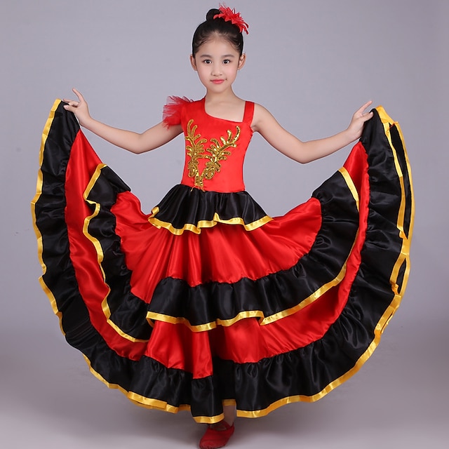  Para Meninas Flamenco Señorita Dançando Traje de Dança de Tango à moda Poliéster Vermelho Saia / Crianças