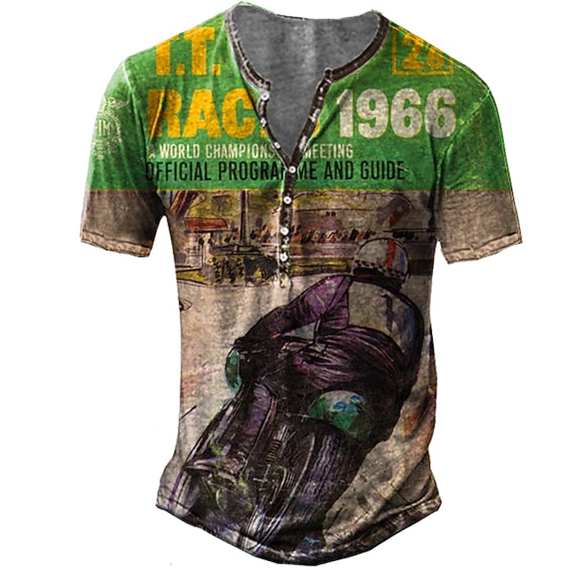 

Men's Henley Shirt Tee T shirt 3D Print Graphic Motorcycle Plus Size Henley Casual Daily Button-Down Print Short Sleeve Tops Casual Retro Designer Military Green