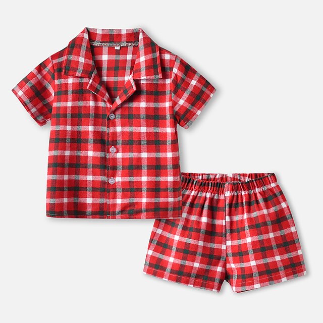 

Kids Boys Shirt Shorts Clothing Set 2 Pieces Short Sleeve Green Black Gray Plaid Outdoor Daily 2-6 Years