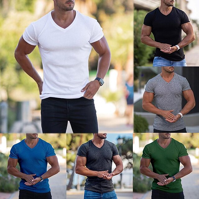  Men's Running Shirt Short Sleeve V Neck Top Athleisure Breathable Soft Fitness Running Jogging Sportswear Solid Colored Activewear Micro-elastic