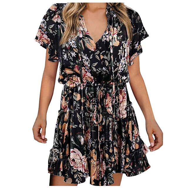 

Women's Floral Dress Knee Length Dress Blue Black Pink Brown Yellow Short Sleeve Floral Polka Dot Print Spring Summer V Neck Elegant Casual 2022 S M L XL XXL