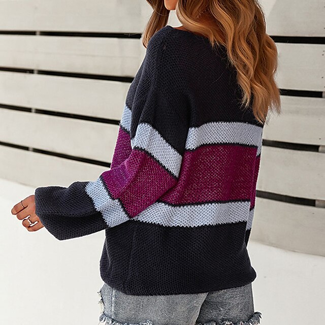 Womens Clothing Sweaters & Cardigans | Womens Pullover Sweater Jumper crochet Knit Stripe Knitted Striped Crew Neck Stylish Casu